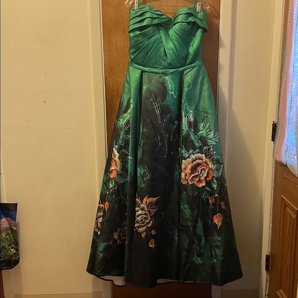 Prince Emerald Strapless Dress with Floral Accents